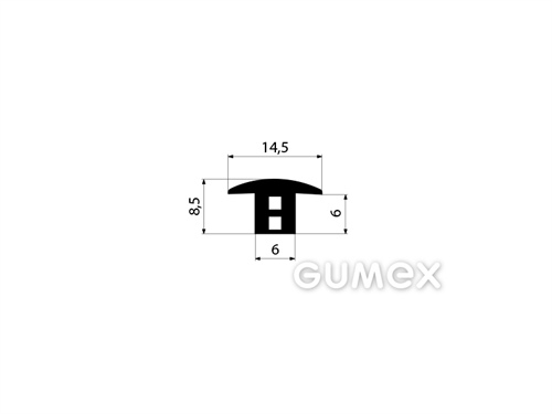 Gumový profil tvaru "T" se 2 dutinkami, 8,5x14,5/6mm, 70°ShA, EPDM, -40°C/+100°C, čierny